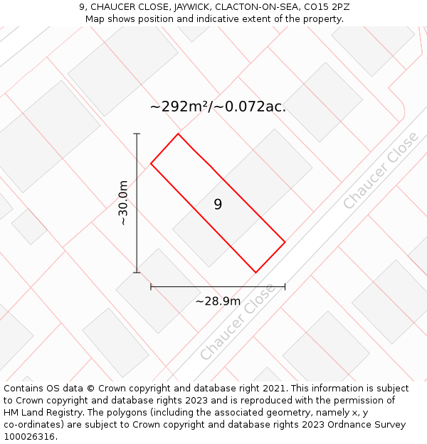 9, CHAUCER CLOSE, JAYWICK, CLACTON-ON-SEA, CO15 2PZ: Plot and title map