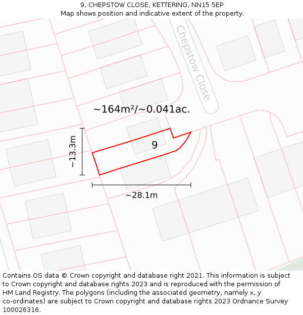 9, CHEPSTOW CLOSE, KETTERING, NN15 5EP: Plot and title map