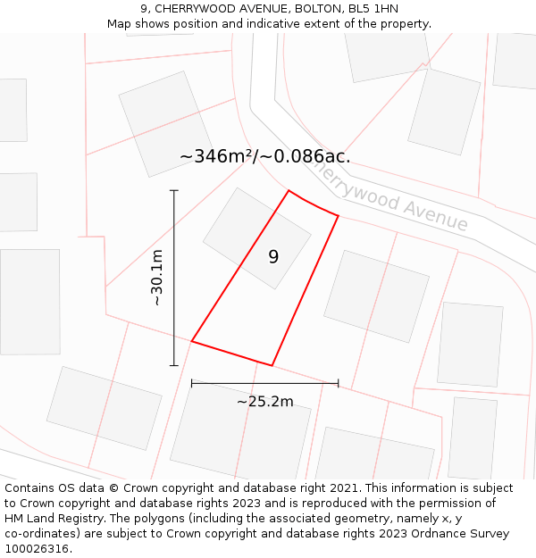 9, CHERRYWOOD AVENUE, BOLTON, BL5 1HN: Plot and title map