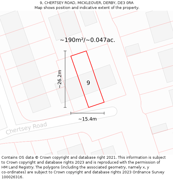 9, CHERTSEY ROAD, MICKLEOVER, DERBY, DE3 0RA: Plot and title map