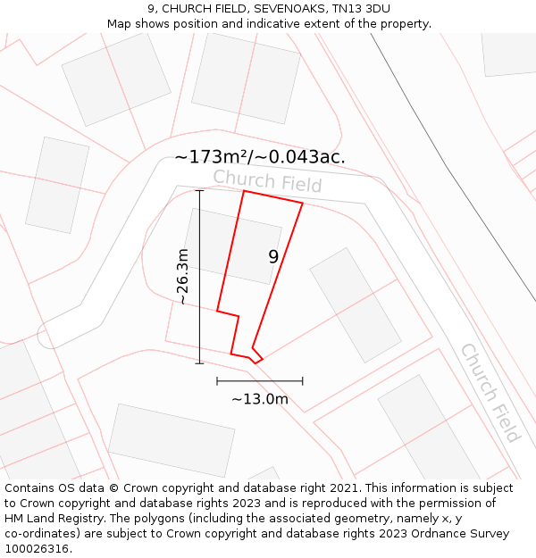 9, CHURCH FIELD, SEVENOAKS, TN13 3DU: Plot and title map