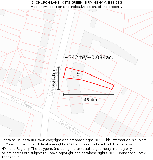 9, CHURCH LANE, KITTS GREEN, BIRMINGHAM, B33 9EG: Plot and title map