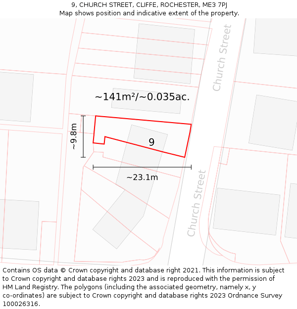 9, CHURCH STREET, CLIFFE, ROCHESTER, ME3 7PJ: Plot and title map