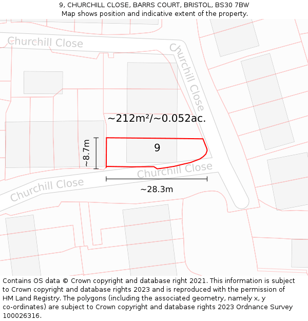 9, CHURCHILL CLOSE, BARRS COURT, BRISTOL, BS30 7BW: Plot and title map