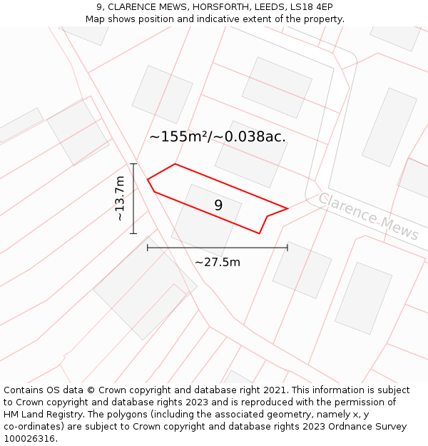 9, CLARENCE MEWS, HORSFORTH, LEEDS, LS18 4EP: Plot and title map