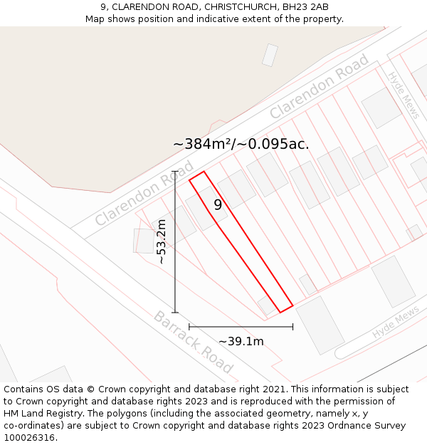 9, CLARENDON ROAD, CHRISTCHURCH, BH23 2AB: Plot and title map