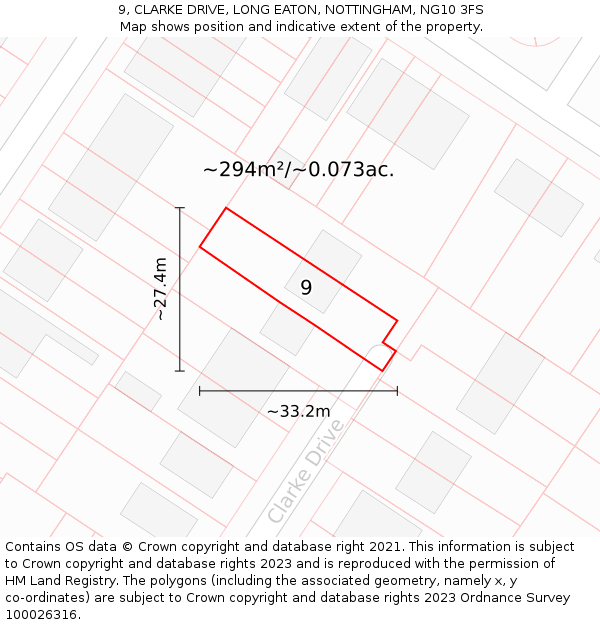 9, CLARKE DRIVE, LONG EATON, NOTTINGHAM, NG10 3FS: Plot and title map