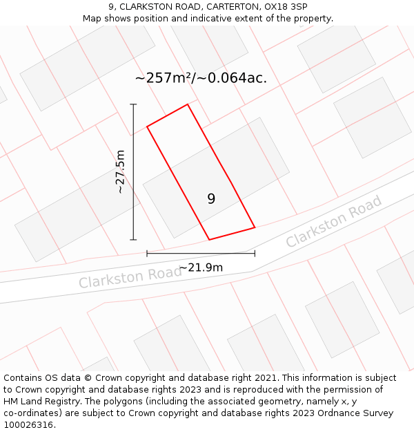 9, CLARKSTON ROAD, CARTERTON, OX18 3SP: Plot and title map