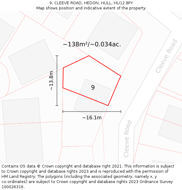 9, CLEEVE ROAD, HEDON, HULL, HU12 8PY: Plot and title map