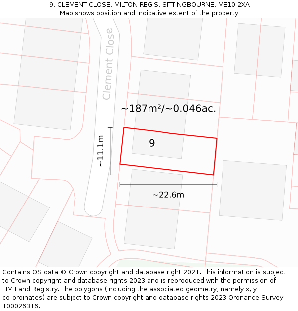 9, CLEMENT CLOSE, MILTON REGIS, SITTINGBOURNE, ME10 2XA: Plot and title map