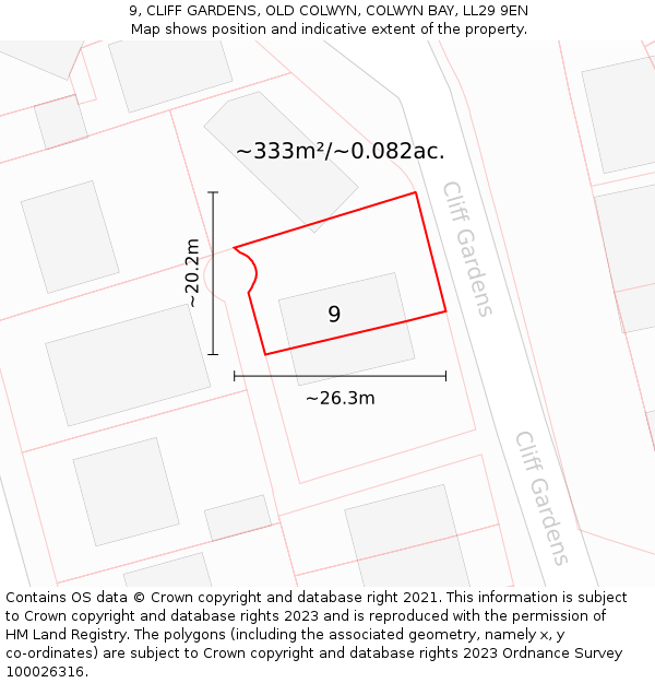 9, CLIFF GARDENS, OLD COLWYN, COLWYN BAY, LL29 9EN: Plot and title map