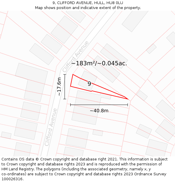 9, CLIFFORD AVENUE, HULL, HU8 0LU: Plot and title map