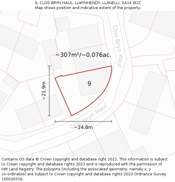 9, CLOS BRYN HAUL, LLWYNHENDY, LLANELLI, SA14 9DZ: Plot and title map