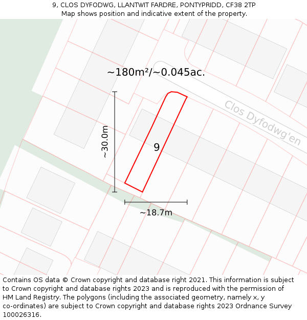 9, CLOS DYFODWG, LLANTWIT FARDRE, PONTYPRIDD, CF38 2TP: Plot and title map