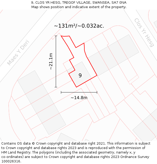 9, CLOS YR HESG, TREGOF VILLAGE, SWANSEA, SA7 0NA: Plot and title map