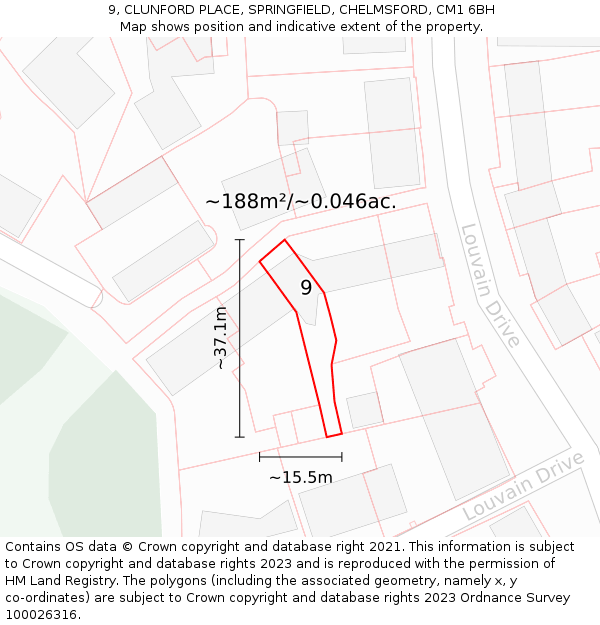 9, CLUNFORD PLACE, SPRINGFIELD, CHELMSFORD, CM1 6BH: Plot and title map