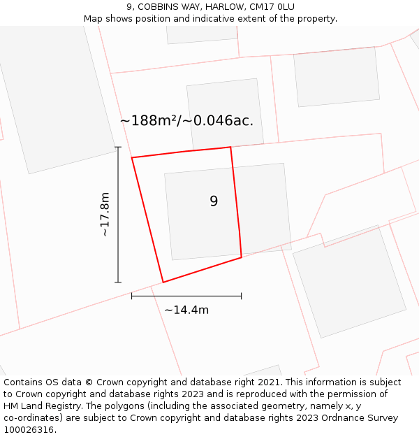 9, COBBINS WAY, HARLOW, CM17 0LU: Plot and title map