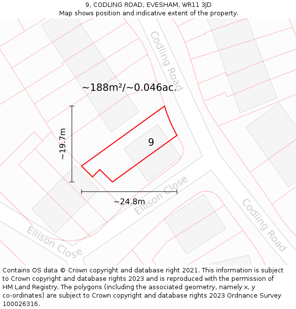 9, CODLING ROAD, EVESHAM, WR11 3JD: Plot and title map