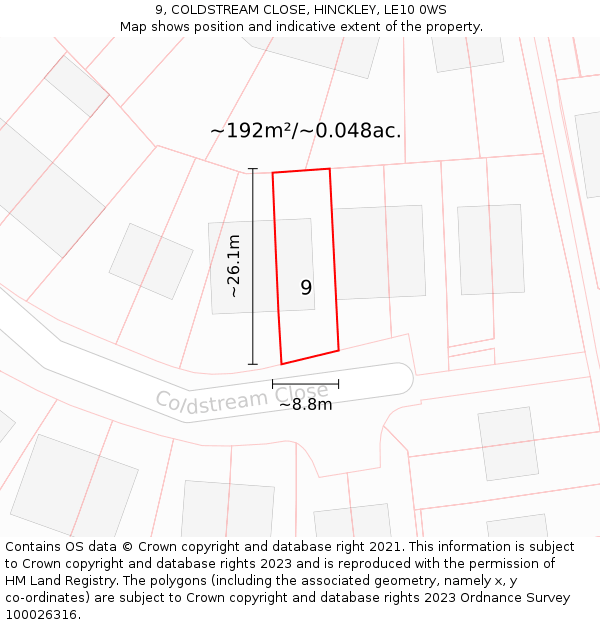 9, COLDSTREAM CLOSE, HINCKLEY, LE10 0WS: Plot and title map