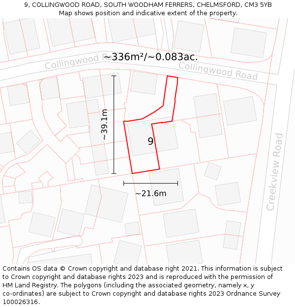 9, COLLINGWOOD ROAD, SOUTH WOODHAM FERRERS, CHELMSFORD, CM3 5YB: Plot and title map