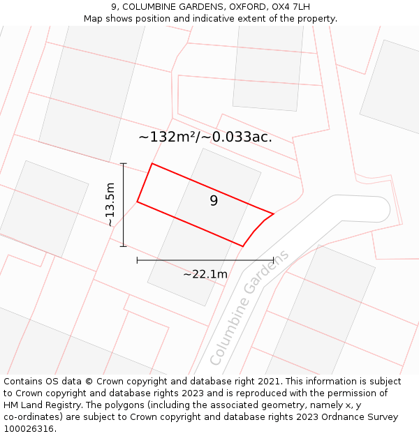 9, COLUMBINE GARDENS, OXFORD, OX4 7LH: Plot and title map