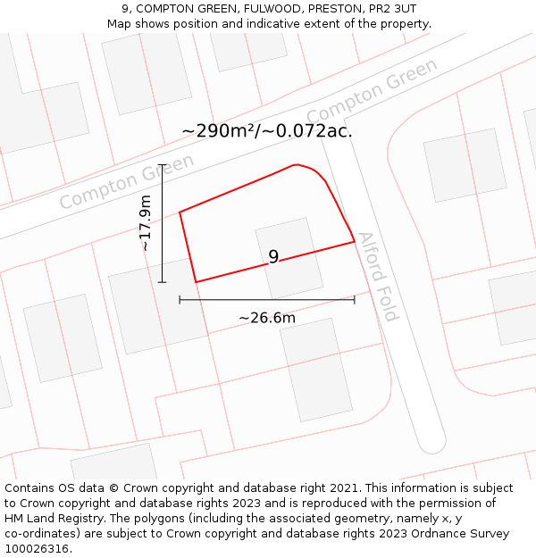 9, COMPTON GREEN, FULWOOD, PRESTON, PR2 3UT: Plot and title map