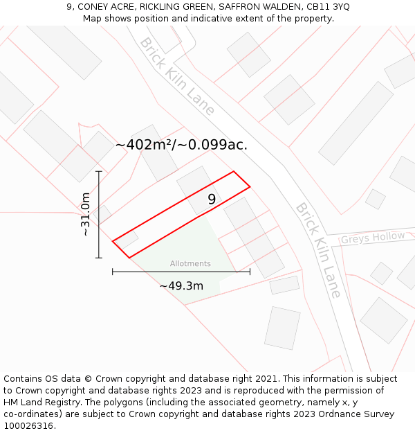 9, CONEY ACRE, RICKLING GREEN, SAFFRON WALDEN, CB11 3YQ: Plot and title map