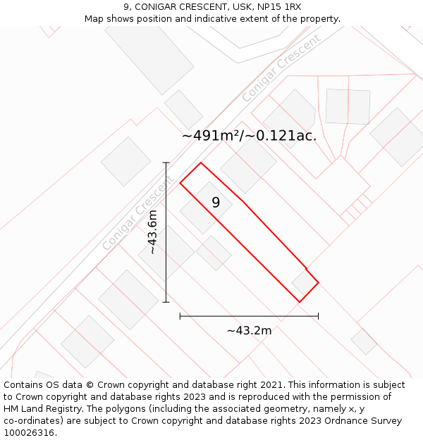 9, CONIGAR CRESCENT, USK, NP15 1RX: Plot and title map