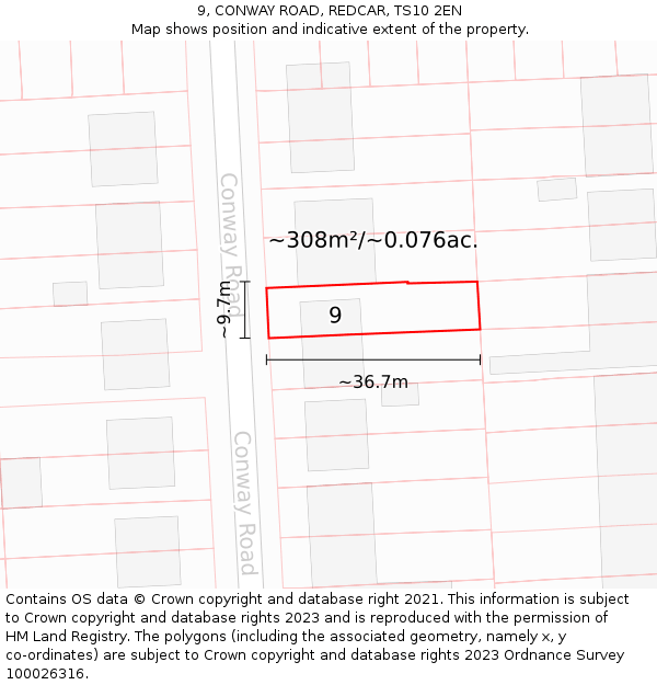 9, CONWAY ROAD, REDCAR, TS10 2EN: Plot and title map