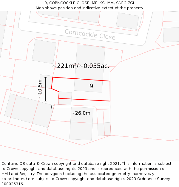 9, CORNCOCKLE CLOSE, MELKSHAM, SN12 7GL: Plot and title map