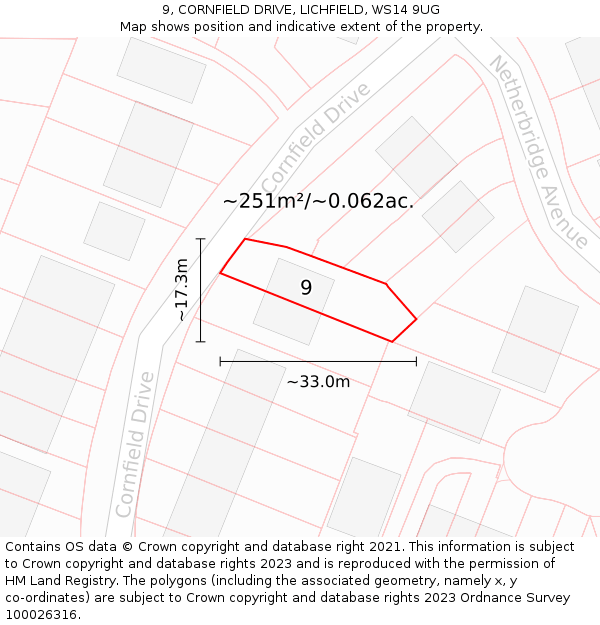 9, CORNFIELD DRIVE, LICHFIELD, WS14 9UG: Plot and title map