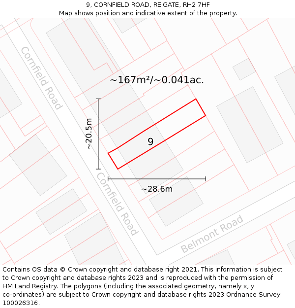 9, CORNFIELD ROAD, REIGATE, RH2 7HF: Plot and title map