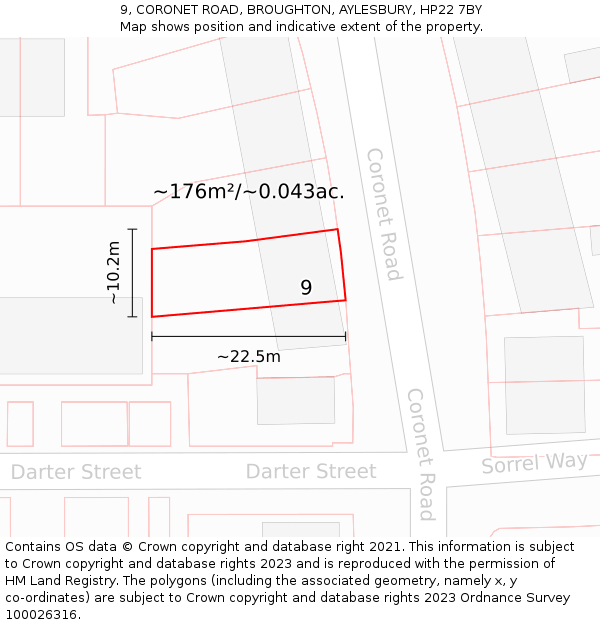 9, CORONET ROAD, BROUGHTON, AYLESBURY, HP22 7BY: Plot and title map