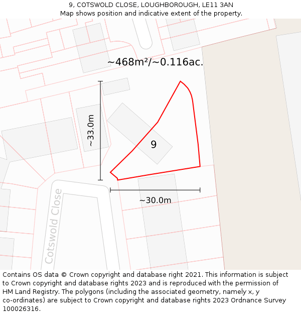 9, COTSWOLD CLOSE, LOUGHBOROUGH, LE11 3AN: Plot and title map