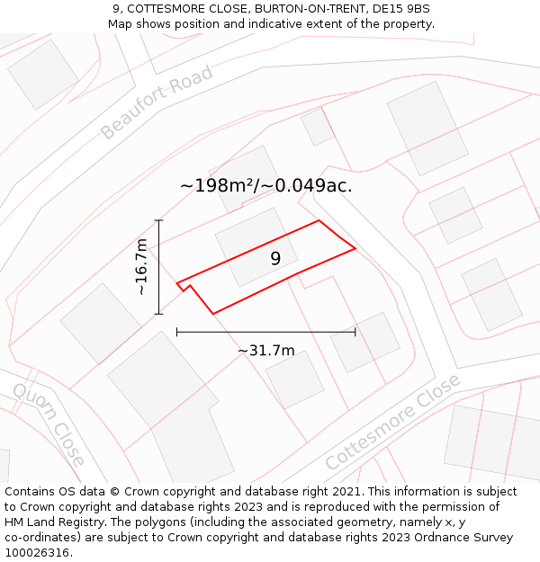 9, COTTESMORE CLOSE, BURTON-ON-TRENT, DE15 9BS: Plot and title map