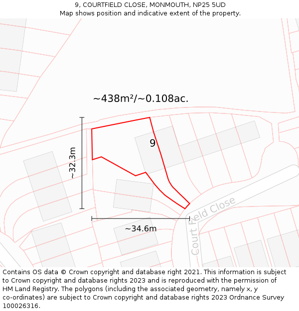 9, COURTFIELD CLOSE, MONMOUTH, NP25 5UD: Plot and title map