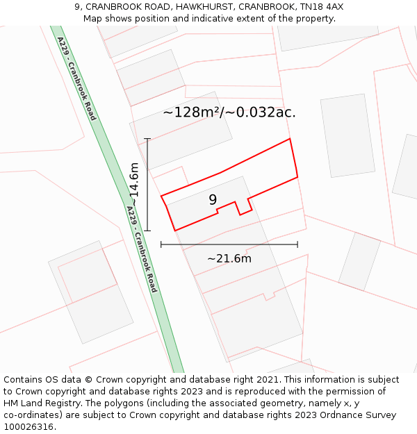 9, CRANBROOK ROAD, HAWKHURST, CRANBROOK, TN18 4AX: Plot and title map