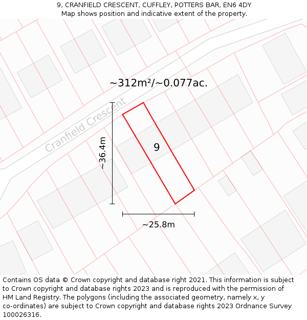 9, CRANFIELD CRESCENT, CUFFLEY, POTTERS BAR, EN6 4DY: Plot and title map