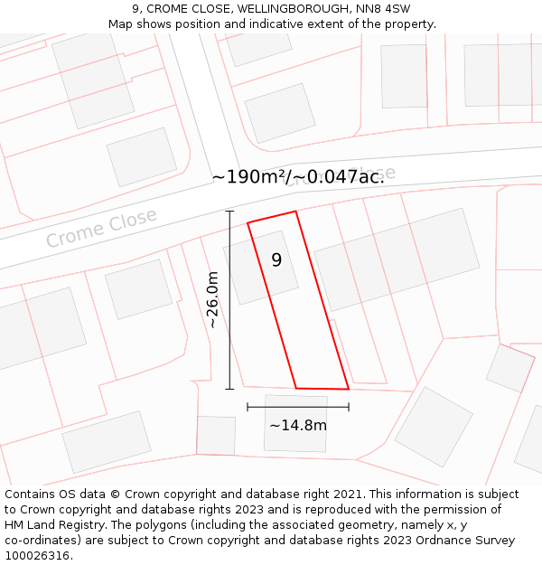 9, CROME CLOSE, WELLINGBOROUGH, NN8 4SW: Plot and title map