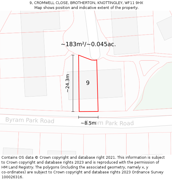 9, CROMWELL CLOSE, BROTHERTON, KNOTTINGLEY, WF11 9HX: Plot and title map