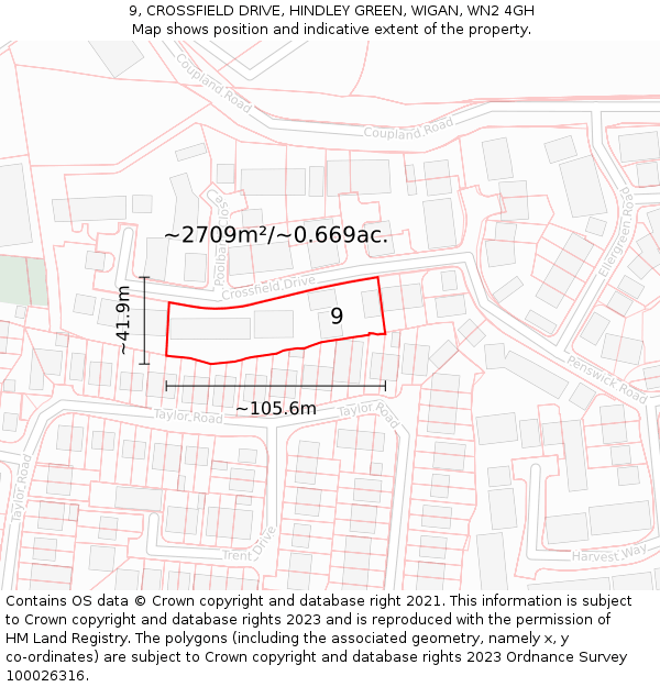 9, CROSSFIELD DRIVE, HINDLEY GREEN, WIGAN, WN2 4GH: Plot and title map