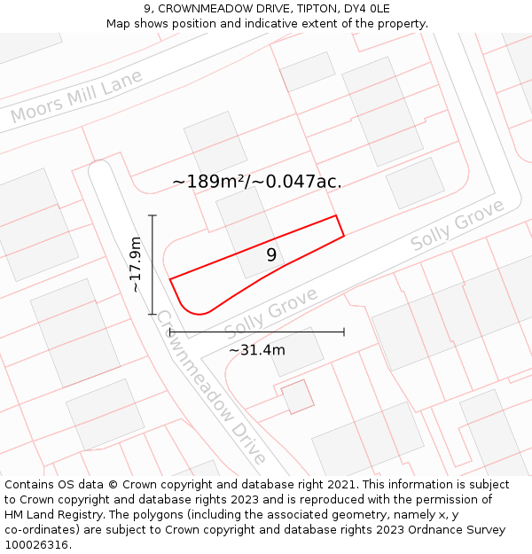 9, CROWNMEADOW DRIVE, TIPTON, DY4 0LE: Plot and title map