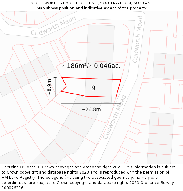 9, CUDWORTH MEAD, HEDGE END, SOUTHAMPTON, SO30 4SP: Plot and title map