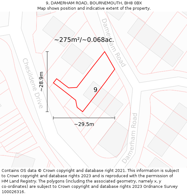 9, DAMERHAM ROAD, BOURNEMOUTH, BH8 0BX: Plot and title map