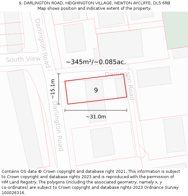 9, DARLINGTON ROAD, HEIGHINGTON VILLAGE, NEWTON AYCLIFFE, DL5 6RB: Plot and title map