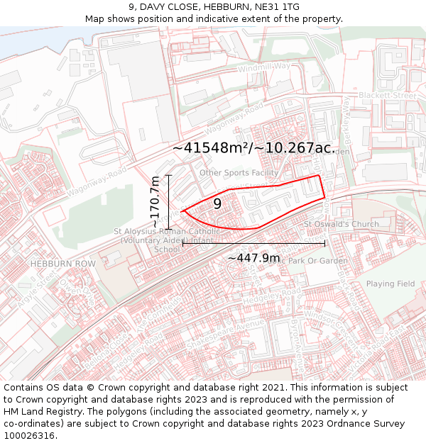 9, DAVY CLOSE, HEBBURN, NE31 1TG: Plot and title map