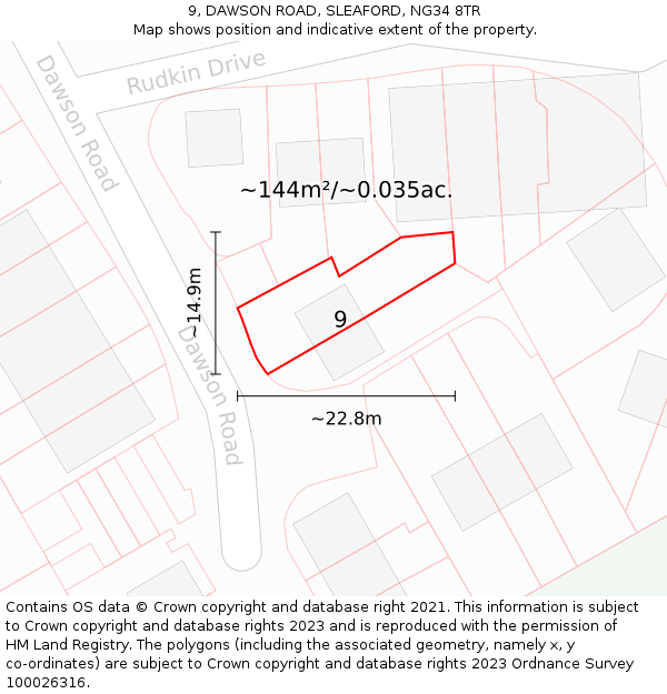 9, DAWSON ROAD, SLEAFORD, NG34 8TR: Plot and title map