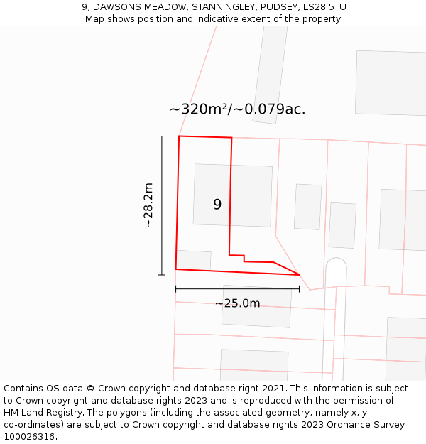 9, DAWSONS MEADOW, STANNINGLEY, PUDSEY, LS28 5TU: Plot and title map