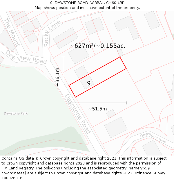 9, DAWSTONE ROAD, WIRRAL, CH60 4RP: Plot and title map