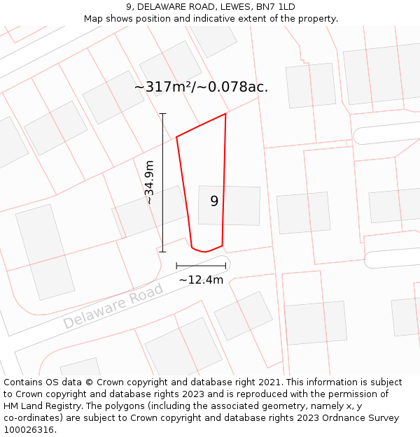 9, DELAWARE ROAD, LEWES, BN7 1LD: Plot and title map